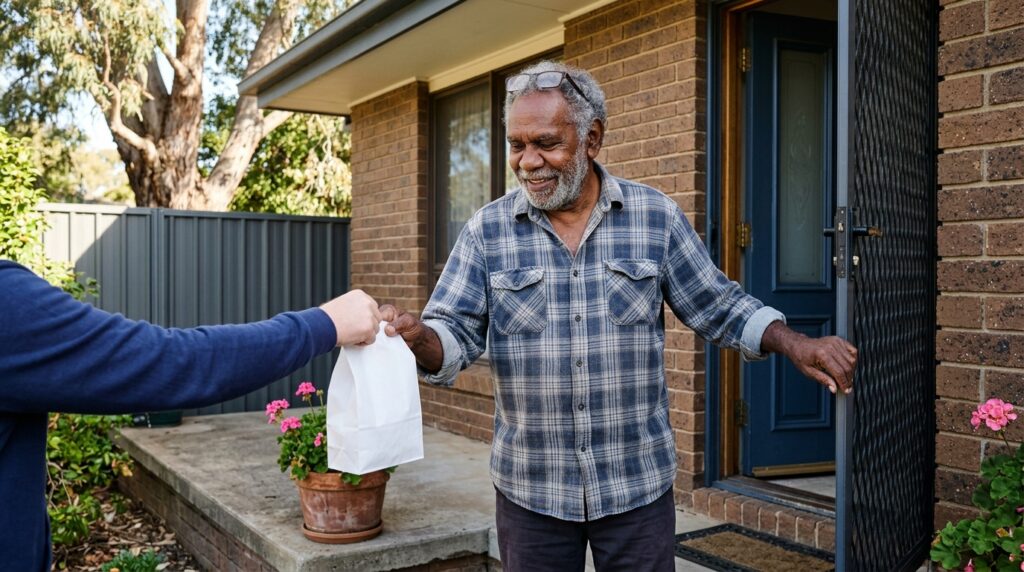 An older man at his front door receiving a sealed pharmacy bag