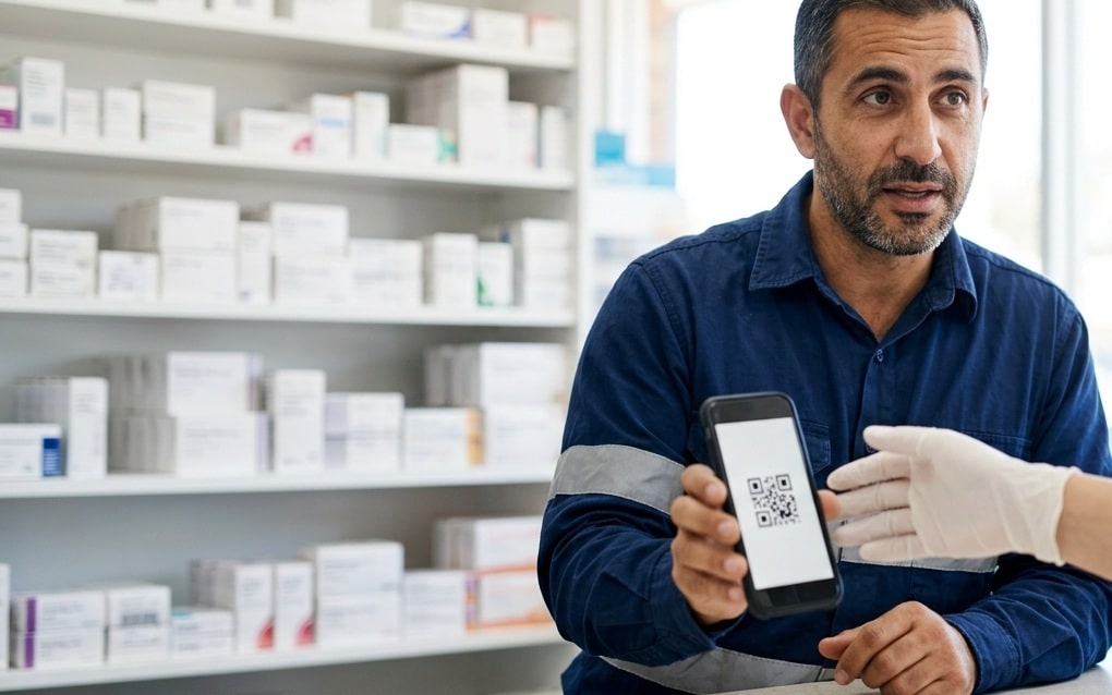 A man at a pharmacy counter showing an eScript token on his phone