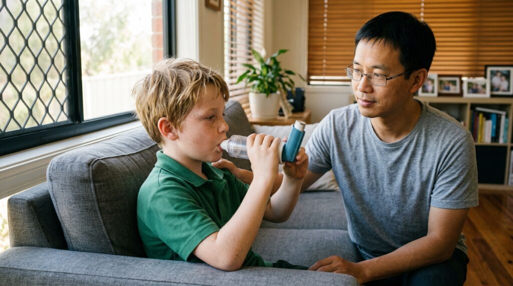A boy using a puffer with a spacer while his father kneels beside him
