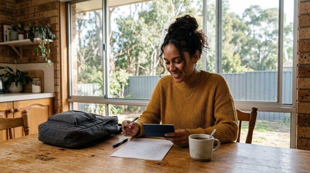 A woman at her kitchen table with a passport and a handwritten checklist, planning a trip