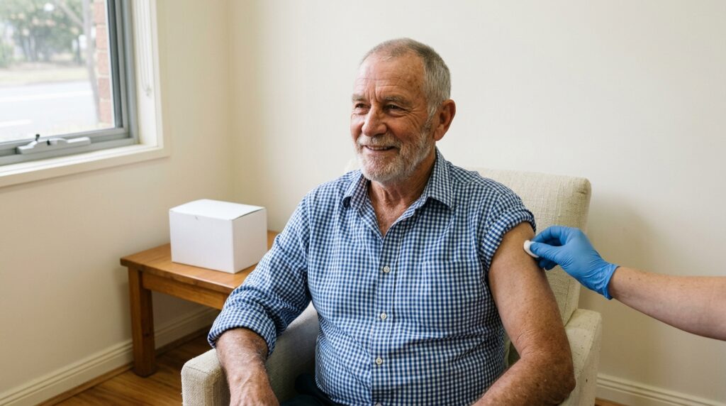 An older man in a checked shirt sits with his sleeve rolled up, ready for a vaccination