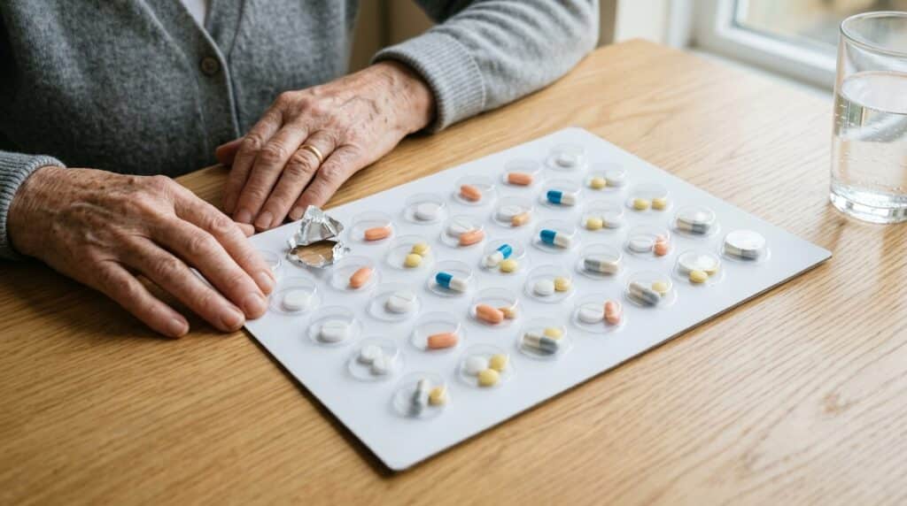 An older woman's hands resting beside a sealed weekly medication pack with doses set out in bubbles